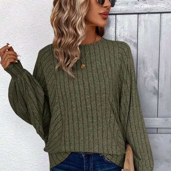 Green Casual Women's Apricot Loose Rib Knit Long Sleeve Sweatshirt - Picture 2 of 5